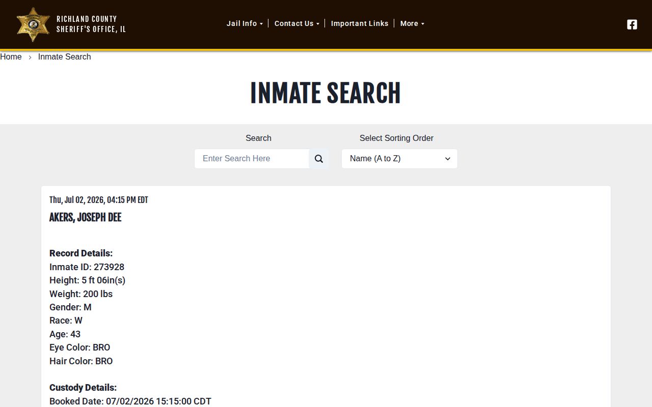 Richland County official inmate search interface and roster policy context